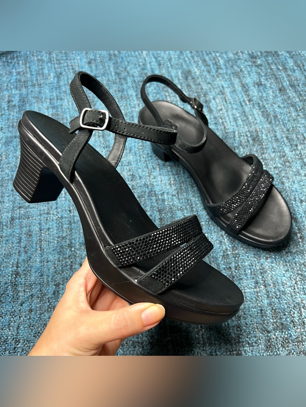 Abeo Faith Rhinestone Heels in Black Women's Size 7.5 Leather Sandals Comfort
